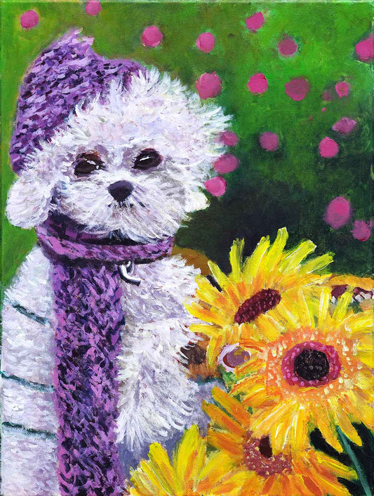 Dog with Sunflowers