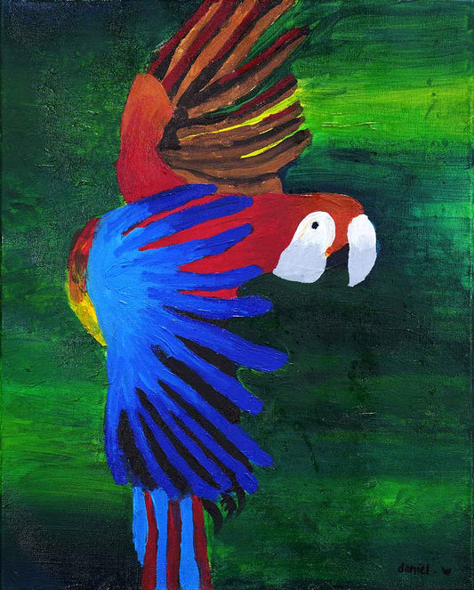 The Flight  of The Scarlet Macaw through Bird Paradise
